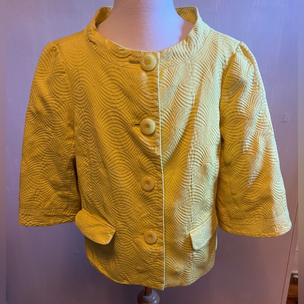 Trina Turk Yellow Quilted Lined 3/4” Sleeves Cotton Made In USA Blazer/Jacket 6
